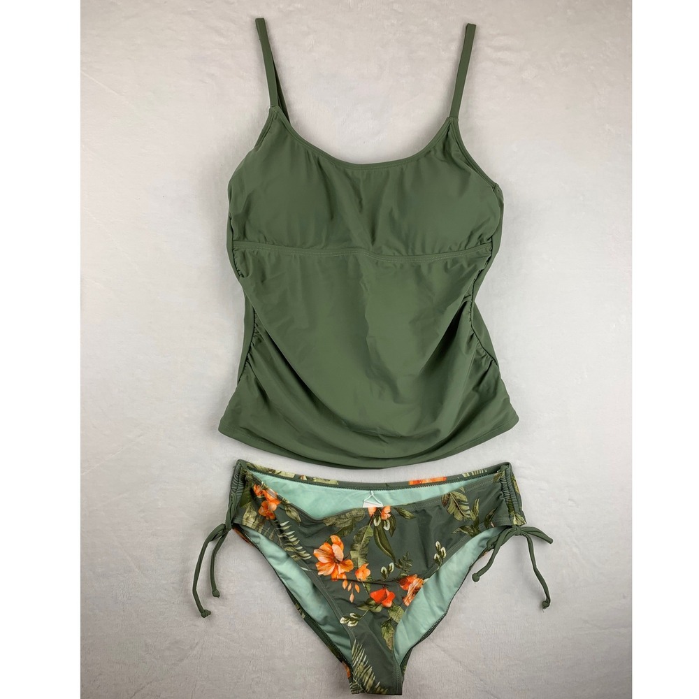NWT Cupshe Green Floral Tankini Set Tie Side Swimsuit Size Large Tropical Beach